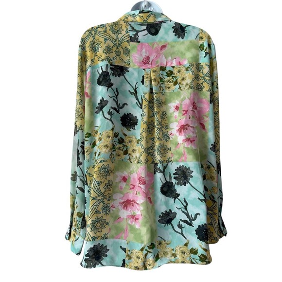 Rose + Olive Floral Sheer Boho Top XL Multicolor Patchwork Button Up Y2K Blouse - Picture 2 of 8